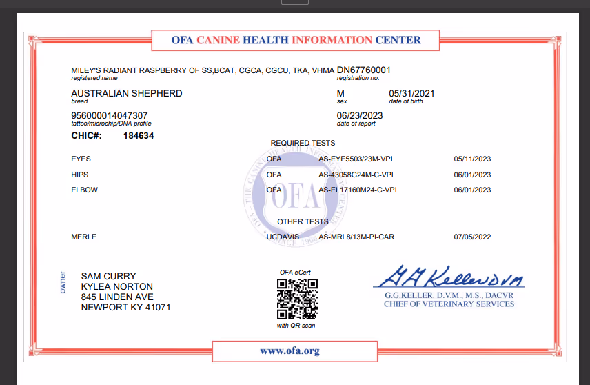 Aubrey — CHIC Certificate