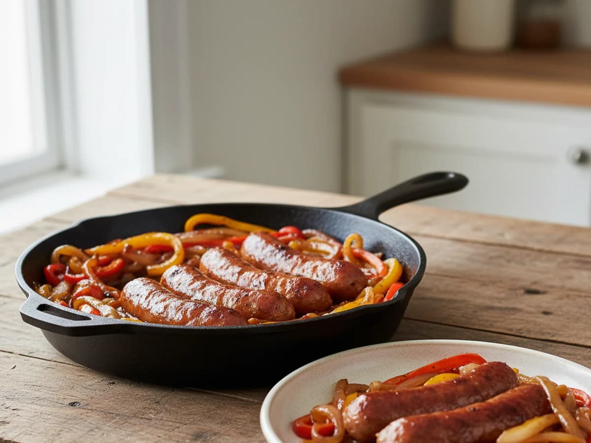 Beer-Braised Pastured Bratwurst with Peppers & Onions