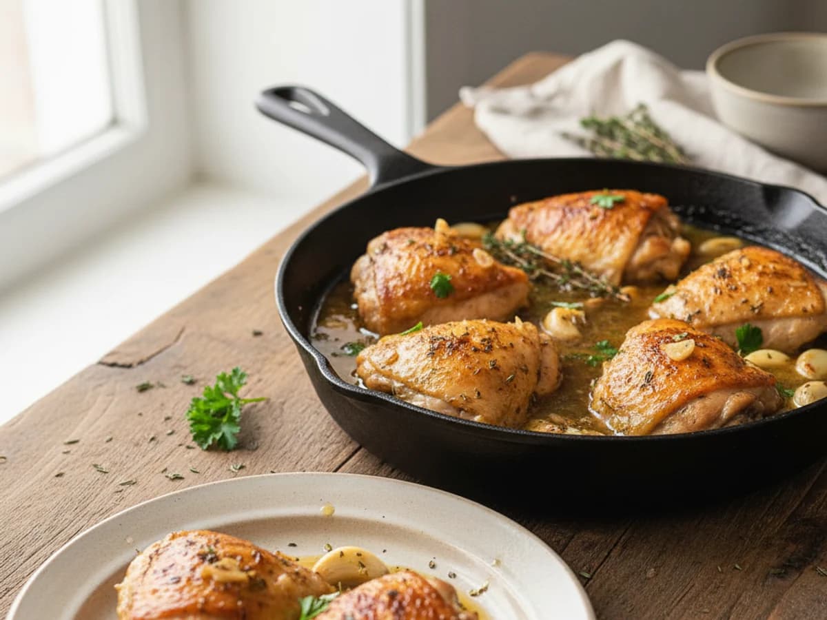 Braised Pastured Chicken Thighs with Garlic & Herbs