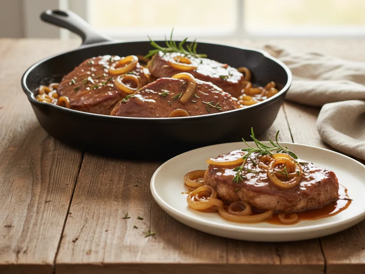 Braised Pastured Pork Steaks with Onions