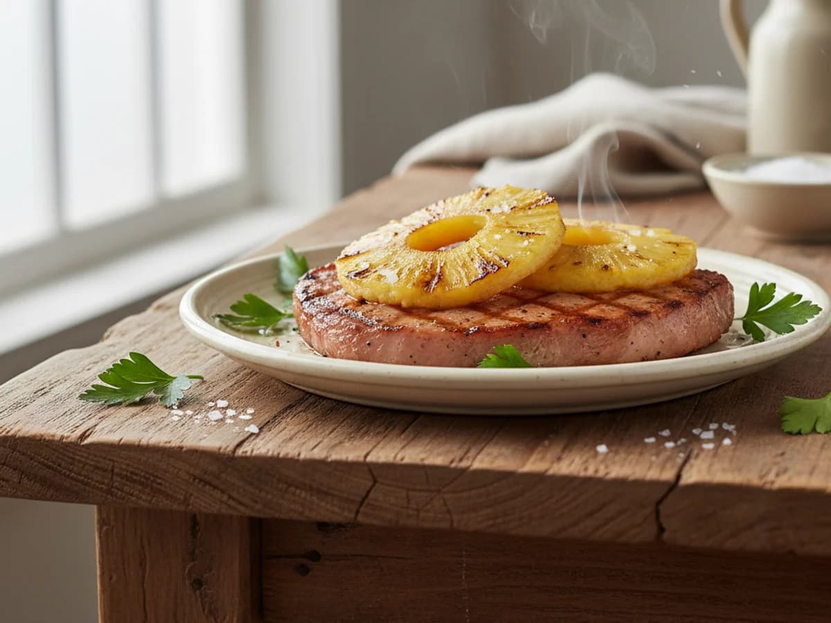 Grilled Pastured Ham Steak with Pineapple
