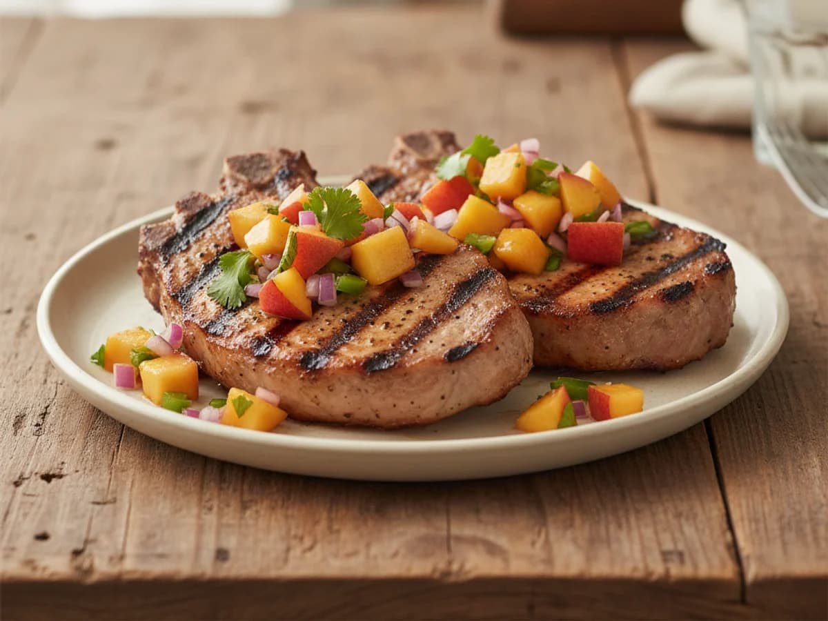 Grilled Pastured Pork Chops with Peach Salsa