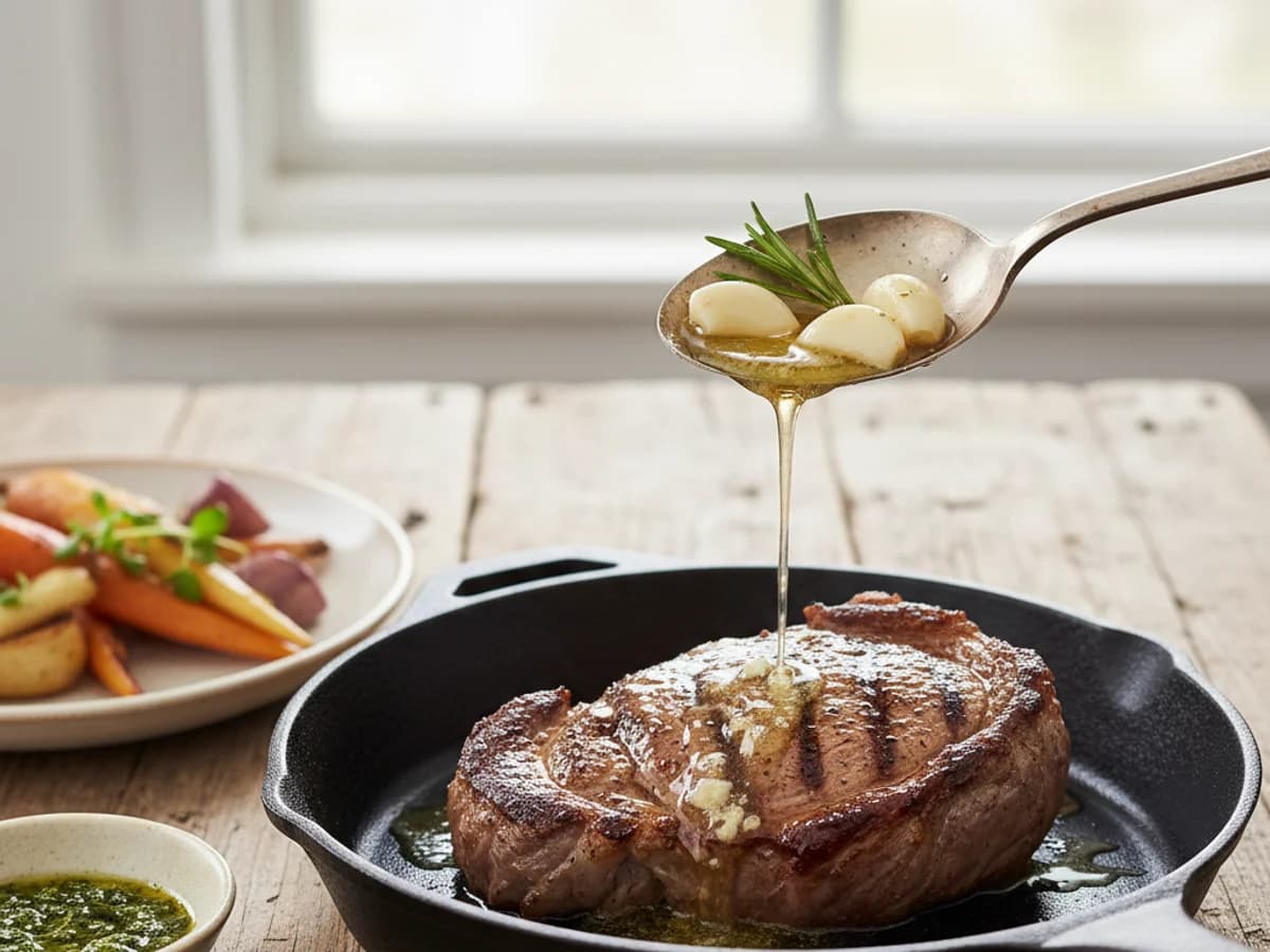 Pan-Seared Pastured Lamb Leg Steak with Garlic Butter