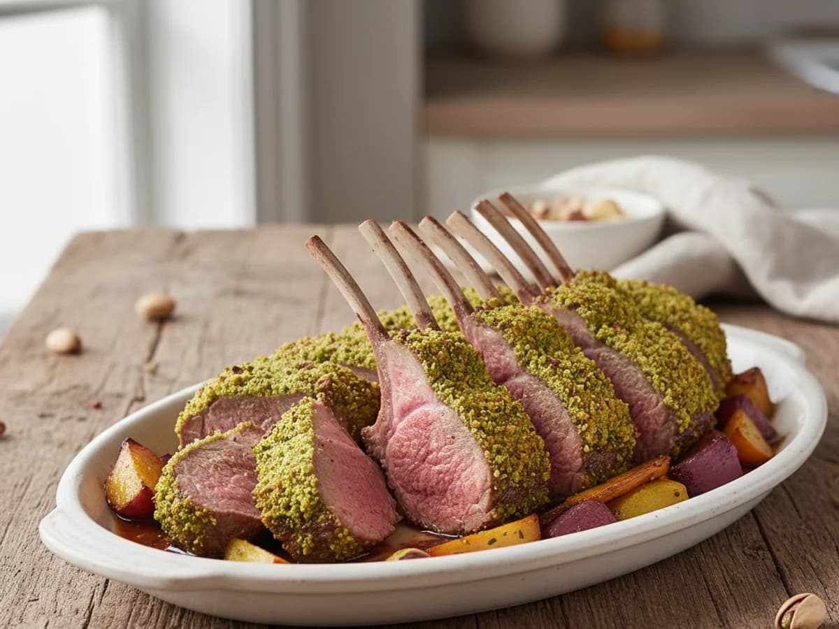 Pistachio-Crusted Pastured Rack of Lamb