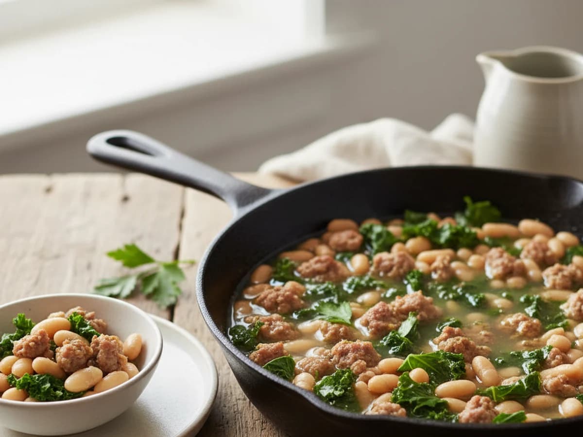 Pastured Sausage, Kale & White Bean Skillet