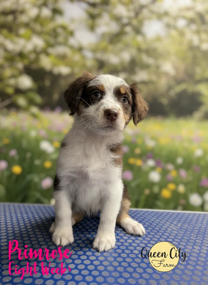 Primrose — Red Tri female Australian Shepherd puppy from Queen City Farm's May Flowers (Aubrey × Lyra) litter